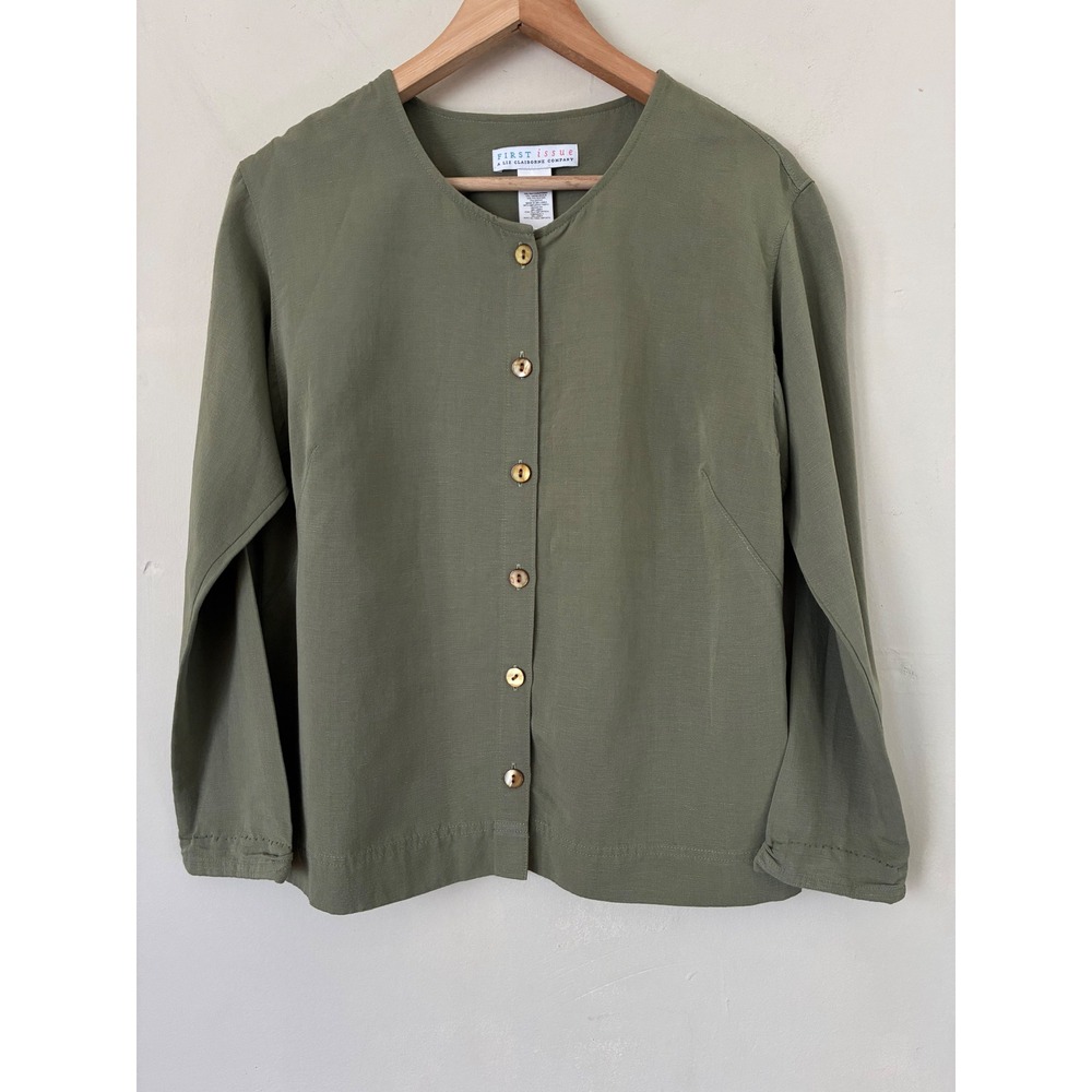 Liz Claiborne Olive Green Linen Blend Button Front Blouse M Minimalist